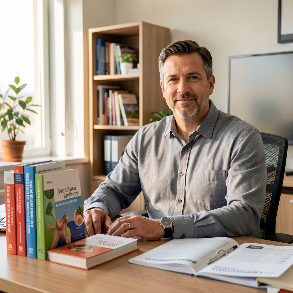 Male wellness professional in his forties seated at a desk surrounded by nutrition reference books and research journals, South Jakarta office setting, natural afternoon light