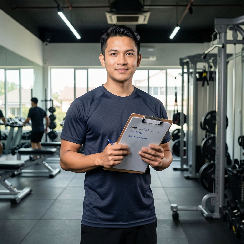 Athletic Indonesian man in his thirties standing in a functional movement studio in Jakarta, holding a clipboard with training notes, under controlled studio lighting