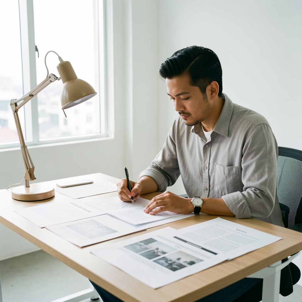 Man in his late thirties writing at a minimalist editorial desk in a bright Jakarta studio, surrounded by printed research papers and a single lamp, focused and calm