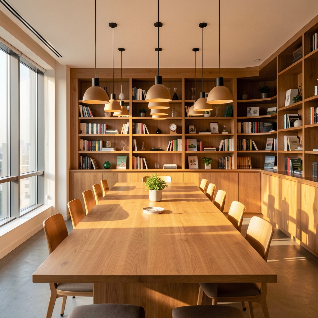Wide view of the Belaro Jakarta office interior — long communal table, warm-toned timber shelving with wellness and science reference books, pendant lighting, afternoon sunlight