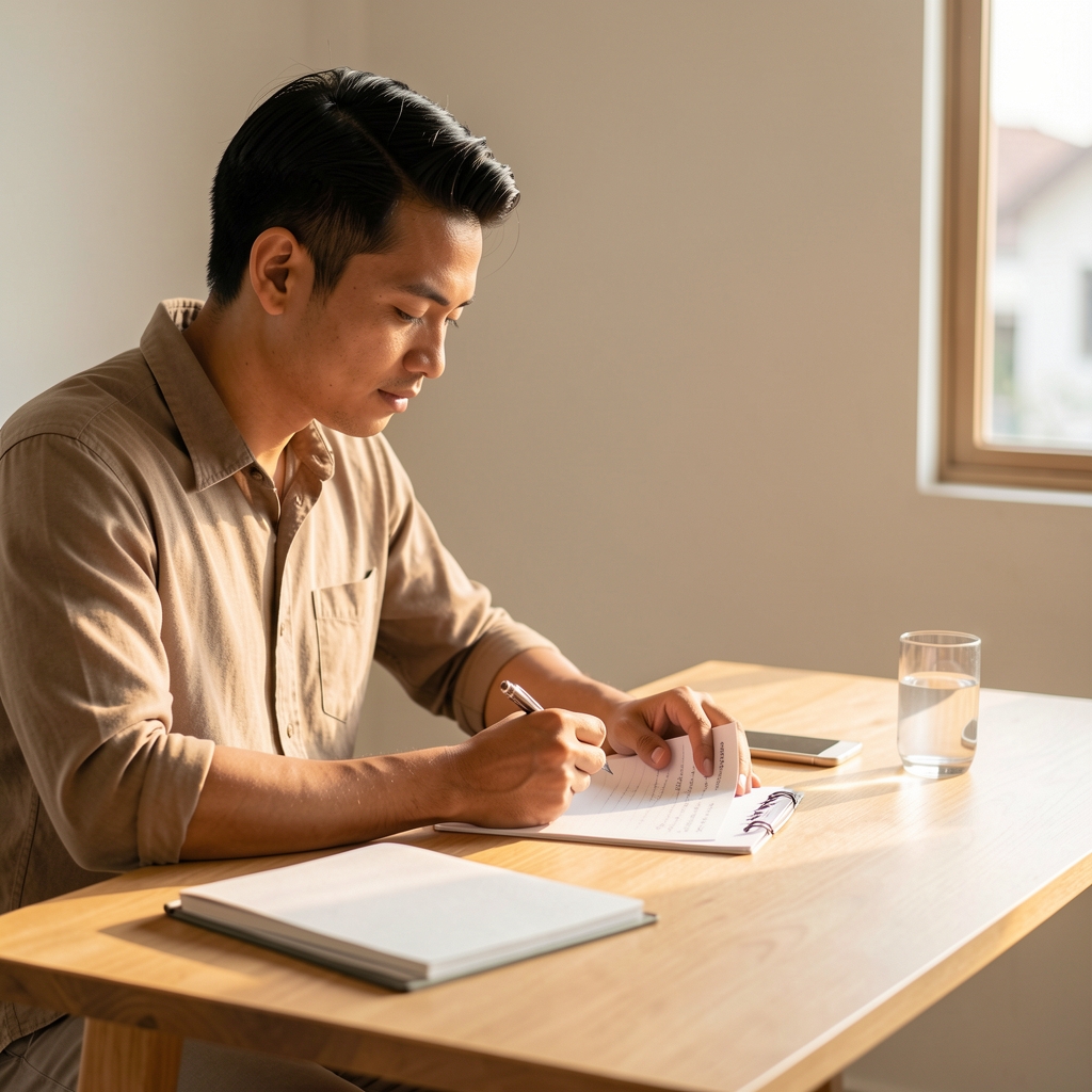 Indonesian man in his thirties reviewing morning wellness notes at a minimalist wooden desk, warm natural light, clean workspace with a glass of water