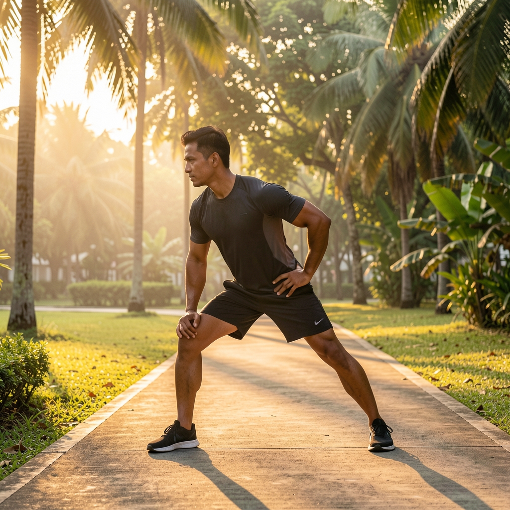 Man in athletic wear stretching in a sunlit Jakarta park in the early morning, concrete path and tropical trees in background, warm golden hour light