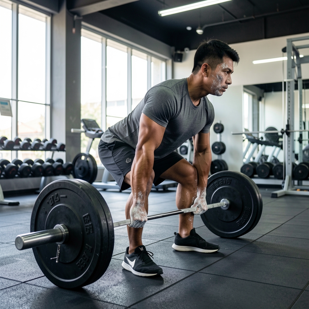 Man performing a controlled barbell deadlift in a well-lit Jakarta gym, side view, focused expression, chalk on hands, rubber flooring