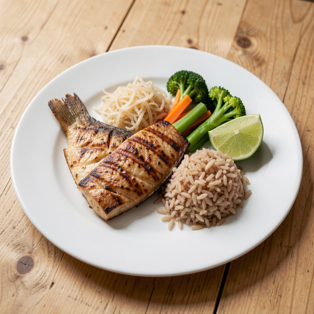 Balanced Indonesian meal displayed on a white ceramic plate — grilled fish, steamed vegetables, brown rice, and a wedge of lime, photographed on a natural wood table in soft daylight