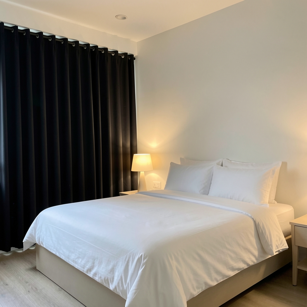 Minimalist bedroom in a Jakarta apartment prepared for sleep — clean white bedding, blackout curtains drawn, single nightstand lamp casting warm light, no screen in sight