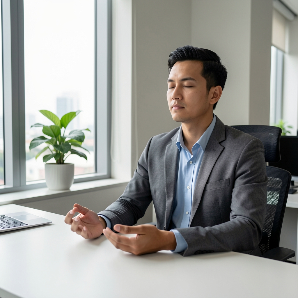 Man in business casual clothing sitting quietly at a clean desk in a Jakarta office, eyes closed, practising a brief mindfulness pause, single plant on the windowsill